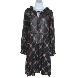 Johnny Was Jackie Mini Dress Large Black Sheer‎ Embroidered Boho Rayon DR-1817